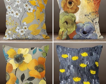 Floral Pillow Cover, Yellow Cushion Case, Decorative Throw Pillow, Boho Bedding Home Decor, Housewarming Farmhouse Style Yellow Gray Pillow
