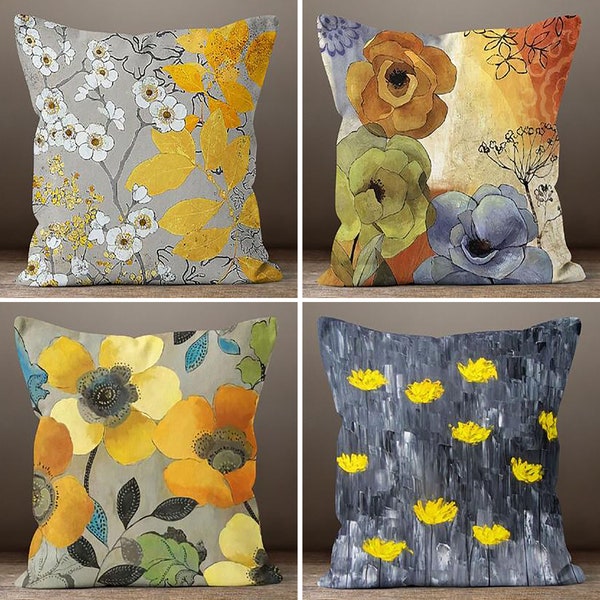 Floral Pillow Cover, Yellow Cushion Case, Decorative Throw Pillow, Boho Bedding Home Decor, Housewarming Farmhouse Style Yellow Gray Pillow