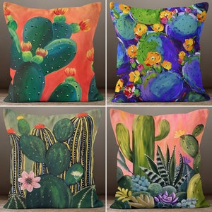 Cactus Pillow Covers, Colorful Flower Cushion Case, Decorative Lumbar Pillow Case, Housewarming Gift, Floral Cactus Throw Pillow Case