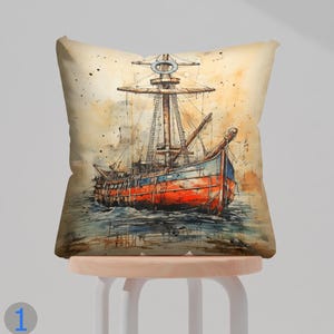 Aquarell Schiff Print Kissenbezug, Nautische Wohnkultur, Einzigartiger Boot Kunst Kissenbezug, Küsten Wohnzimmer Akzent Kissenbezüge