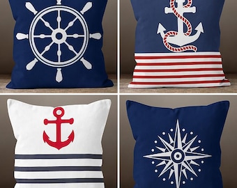 Nautical Beach House Pillow Cover, Anchor Pillow Cover, Blue Throw Pillow, Red and Blue Navy Home Decor, Coastal Decor, Housewarming Gift