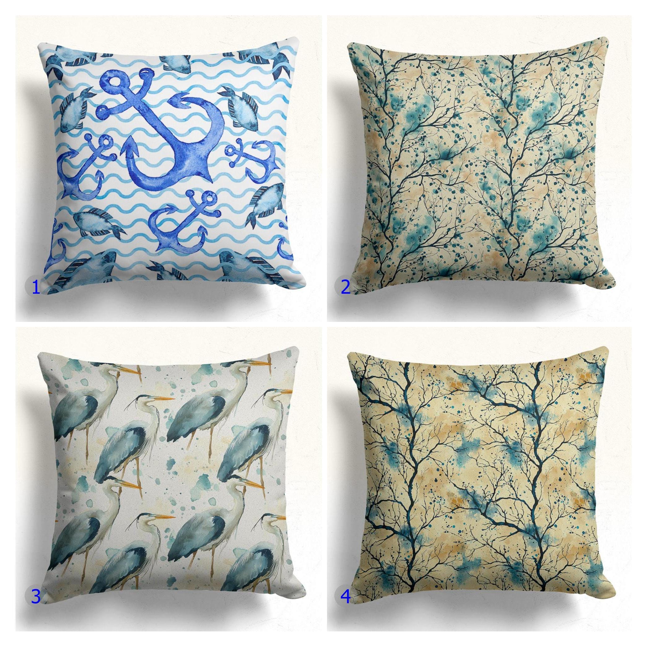 Nautical Anchor and Wave Pattern Pillow Covers, Watercolor Botanical Branch Cushion Covers, Heron Bird and Floral Pattern Pillow Cases
