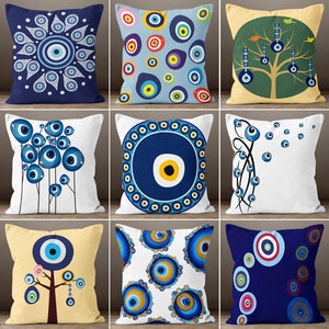 Evil Eye Cushion Cover, Good Luck Home Decor, Modern Home Decor, Blau Ethnic Cushion Case, Protection Eye Pillow, Nazar Bead Boho Bedding