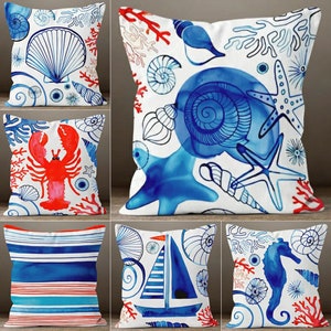 Nautical Pillow Case, Marine Starfish Pillow Cover, Beach House Pillow Case, Colorful Crab Sailboat Home Decor, Decorative Home  Pillows