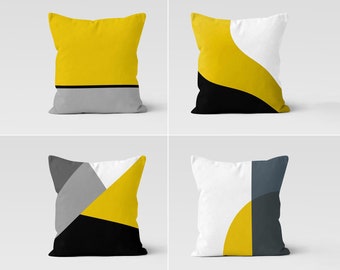 Abstract Geometric Pillow Cover, Black Yellow White Color Cushion Case, Sofa Decorative Cushion, Minimalist Home Geometric Housewarming Gift