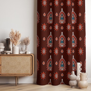 Ethnic Abstract Curtains, Terracotta Orange Curtain Panels, Mid-Century Modern Drapes, Vintage Inspired Window Curtain