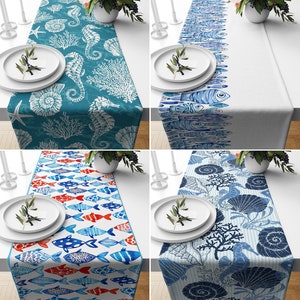 Blue Coastal Table Runner, Fish & Seahorse Runner, Nautical Tablecloth, Aqua Table Decor, Housewarming Gifts, Dining Room New Home Gift
