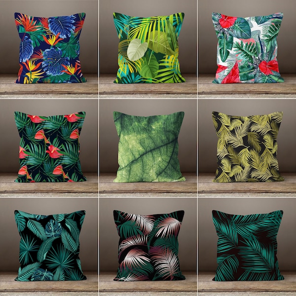 Palm Tree Green Tropical Pillow Covers, Floral Leaf Pillow, Blau Botanical Decorative Throw Pillow Cover, Stain Proof Cushion Cover