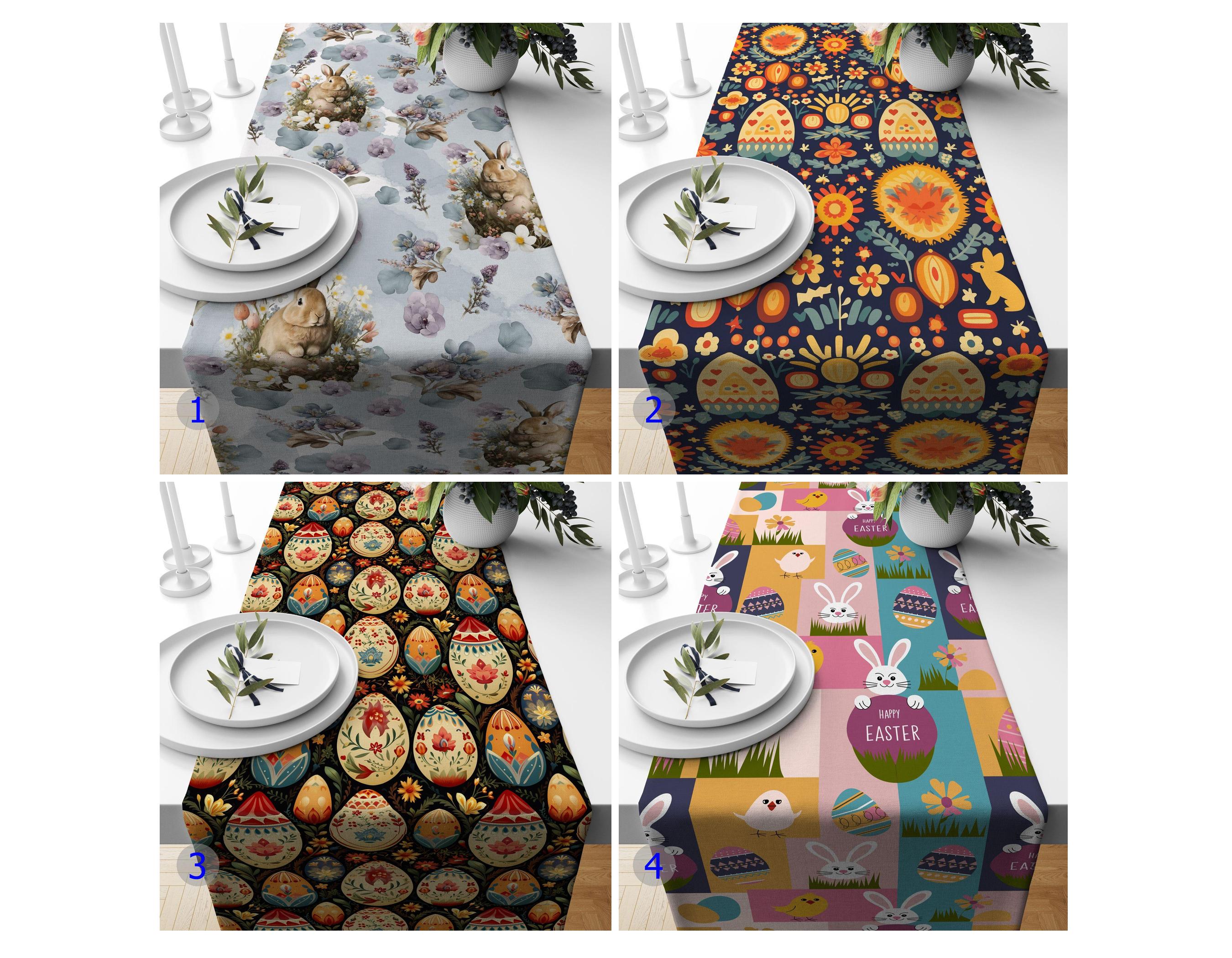Tafelloper - Pasen - Linnenlook - Wit - Paashaas met gele bloem en paasei - 35 x 70 cm Tafelloper - Pasen - Linnenlook - Wit - Paashaas met gele bloem en paasei - 35 x 70 cm