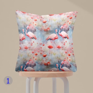 Flamingo Poppy Pillow Covers, Pink Flamingo Cushion Covers, Watercolor Flamingo Pillow Cover, Bohemian Flamingo Pillowcase