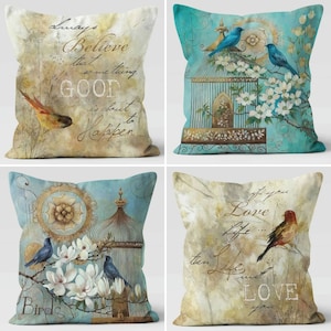 Bird Cage and Blue Bird Pillow Cover, Floral Bird Pillowcase,Decorative Floral Cushion Case,Housewarming Pillow,Farmhouse Porch Cushion Case