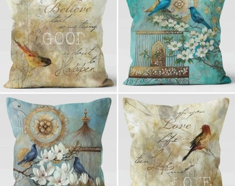 Bird Cage and Blue Bird Pillow Cover, Floral Bird Pillowcase,Decorative Floral Cushion Case,Housewarming Pillow,Farmhouse Porch Cushion Case
