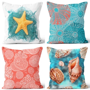 Nautical Beach House Pillow Cover, Starfish Pillowcase, Coral Colorful Cushion, Sea Shell Throw Pillow, Coastal Decor, Housewarming Gift