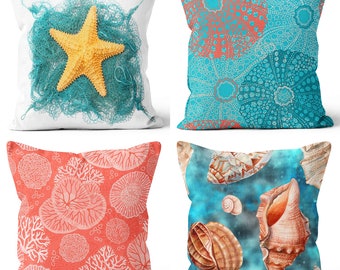 Nautical Beach House Pillow Cover, Starfish Pillowcase, Coral Colorful Cushion, Sea Shell Throw Pillow, Coastal Decor, Housewarming Gift