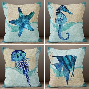 Nautical Beach House Pillow Cover, Starfish Pillowcase, Coral Colorful Cushion, Sea Shell Throw Pillow, Coastal Decor, Housewarming Gift