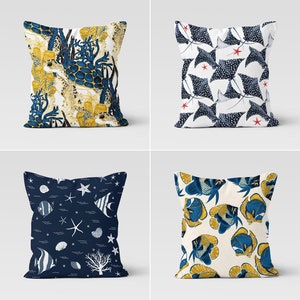 Sea Turtle Starfish Pillow, Beach House Pillow Case, Fish Pillow Cover, Decorative Nautical Cushion, Coral Print Throw Pillow