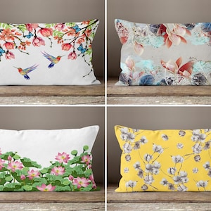 Floral Pillow Covers, Colorful Flower Cushion Case, Butterfly Bird Pillow Case, Flower Housewarming Gift, Floral Decorative Pillow Case