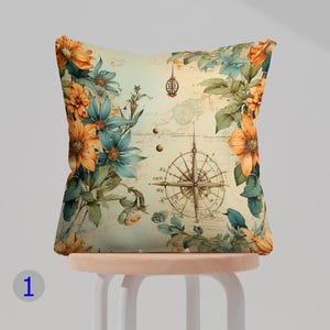 Housse de coussin boussole florale, housses de coussin carte vintage, taies d'oreiller boussole du voyageur, taies d'oreiller carte côtière, taie d'oreiller art boussole