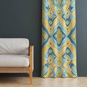Geometric Curtain Panel, Blue Yellow White Drapes, Abstract Pattern Window Covering, Modern Home Decor Drapery, Abstract Curtain Panel