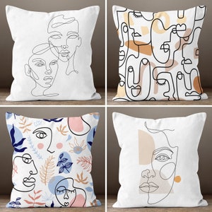 uma capa de almofada com padrão de rosto abstrato, travesseiro Nordics Scandi, capa de almofada Boho, travesseiro de sofá decorativo, presente abstrato para casa