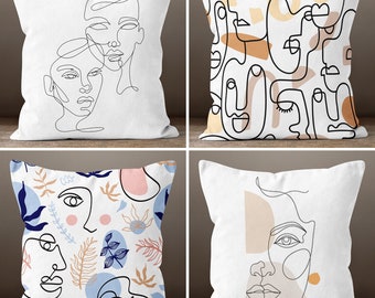 a Pillow Cover with Abstract Face Pattern, Nordics Scandi Pillow, Boho Cushion Case, Decorative Couch Pillow, Abstract Throw Home Gift