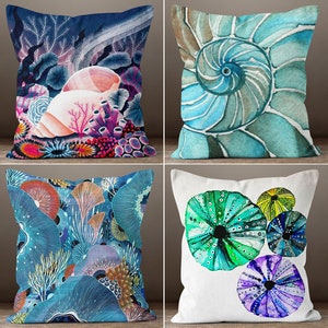 Nautical Beach House Pillow Cover, Starfish Pillowcase, Coral Colorful Cushion, Sea Shell Throw Pillow, Coastal Decor, Housewarming Gift