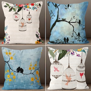 Bird Cage and Pink Bird Pillow Cover, Floral Bird Pillowcase,Decorative Floral Cushion Case,Housewarming Pillow,Farmhouse Porch Cushion Case