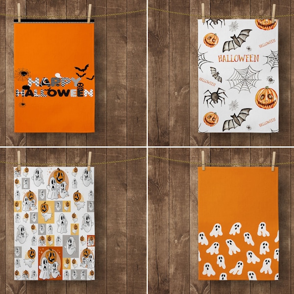 Set of 2, Carved Pumpkin Dish Towel, Halloween Kitchen Towel, Orange Pumpkin Dish Towel, Witch Print Towel, Autumn Trend Hand Towel