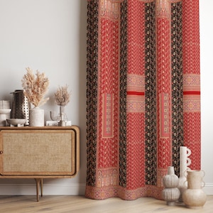 Vintage Paisley Pattern Curtain Panels, Red Black Floral Design Window Curtains, Bohemian Chic Room Window Drapes, Decorative Curtains