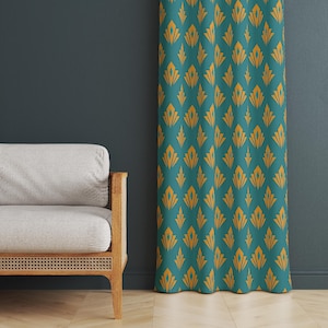 Teal Orange Art Deco Print Curtain, Geometric Feather Pattern Window Panel, Modern Drapes, Abstract Living Room Print Curtain