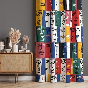 Abstract Faces Curtain Panels, Colorful Geometric Curtain, Modern Art Window Curtain, Vibrant Geometric Pattern Drapes, Multicolored Drapes
