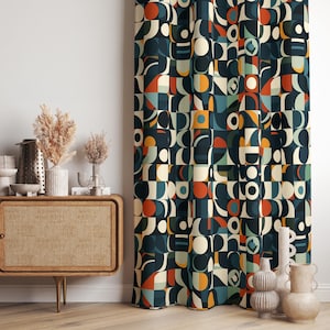 Modern Abstract Geometric Curtain Panel, Mid-Century Modern Curtains, Abstract Art Window Curtains, Navy Blue & Terracotta Geometric Curtain