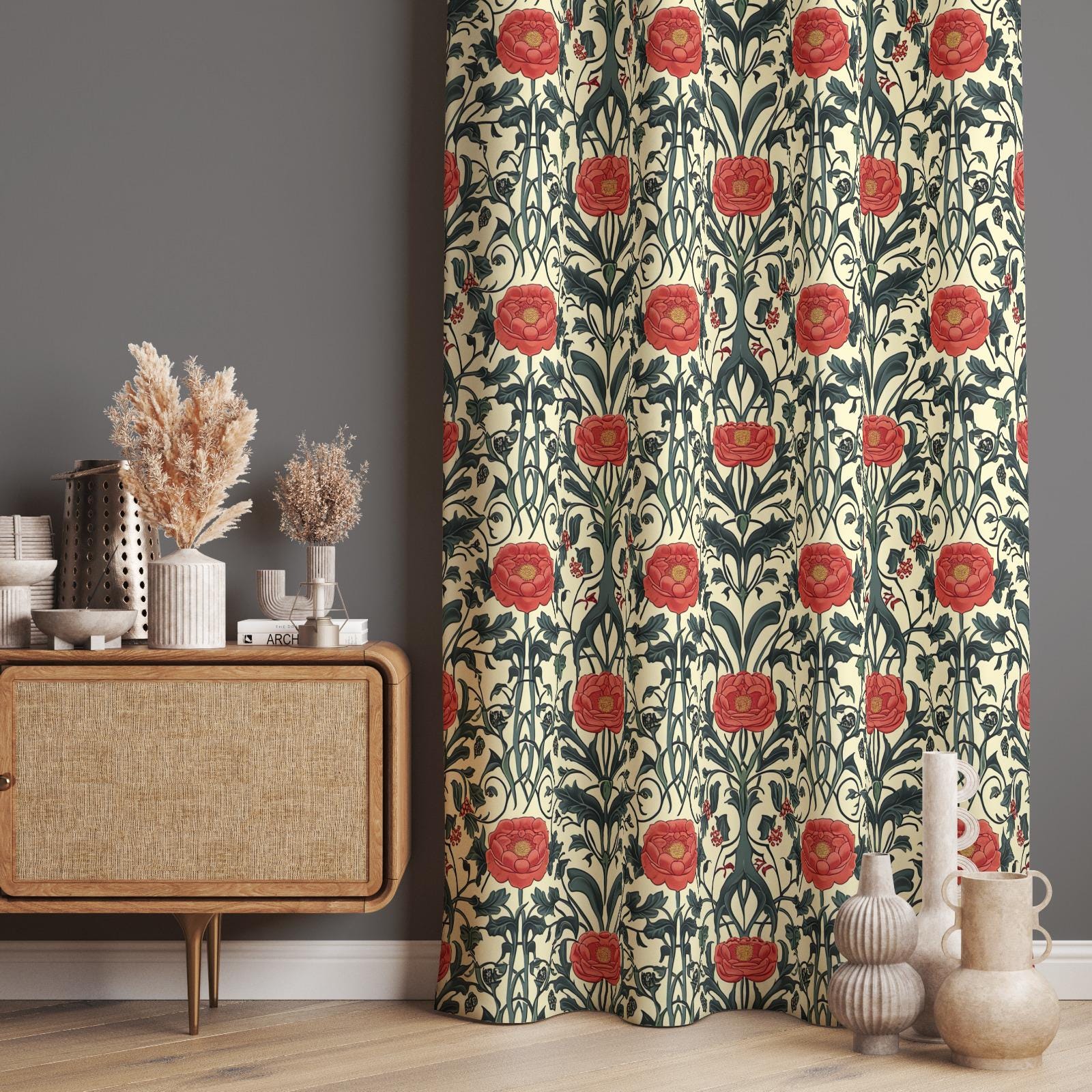 Art Nouveau Floral Drapes, Cream and Red Floral Pattern Window Panels, Vintage Floral Tapestry Curtains, Rustic Floral Damask Drapery