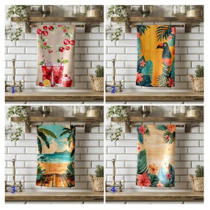 Tropical Tea Towel, Cherry Drink Bird Beach Decor, Hawaiian Kitchen Towel, Summer Housewarming Gift, Coastal Vibes Bath Towel