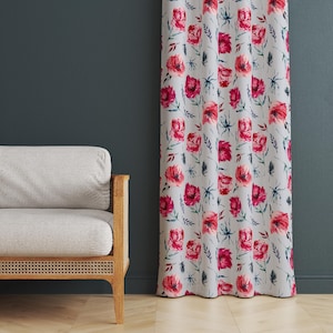 Pink Flower Curtain Panels, Botanical Flower Drapes, Floral Pattern Window Curtains, Watercolor Design Window Threatment,  Floral Curtain