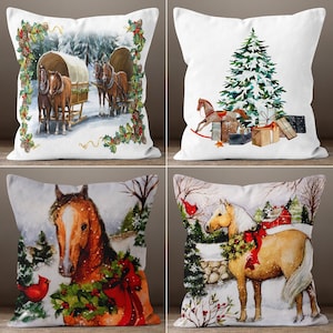 Winter Throw Pillow, Horse Cushion Cover, Christmas Pillowcase, Animal Cushion, Cozy Decoration, New Year&#39;s Gift, Xmas Tree Throw Pillow