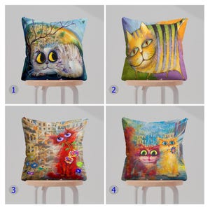 Funny Cat Pillow Covers, Whimsical Cat Cushion Covers, Colorful Cat Throw Pillow Covers, Cartoon Cat Home Decor Pillow Cases