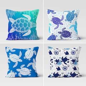Nautical Beach House Pillow Cover, Sea Turtle Pillow Cover Pillowcase, Blue Nautical Cushion, Throw Pillow, Coastal Decor, Housewarming Gift