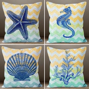 Nautical Beach House Pillow Cover, Starfish Pillowcase, Coral Colorful Cushion, Sea Shell Throw Pillow, Coastal Decor, Housewarming Gift