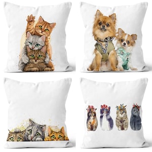 Cute Dogs Pillow Cover, Cat Decorative Cushion Case, Cats Home Decor, Dogs and Flowers Pillow Case, Dogs with Polka Dots Pillow Case