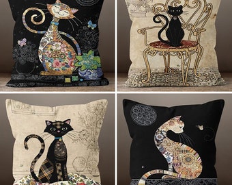 Cat Pillow Covers, Cute Cat Pattern Cushion Case, Housewarming Patchwork Style Throw Pillow, Decorative Bedding Decor, Farmhouse Pillow Case