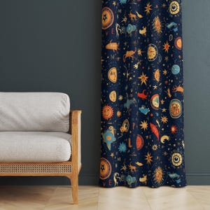 Celestial Curtain, Cosmic Window Drapes, Stars Planets Sun Moon Window Curtain Decor, Galaxy Print Drapery, Space Theme Curtain Panels