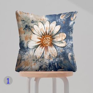Abstract Floral Print Pillow Cover, Modern Daisy Cushion, Artistic Blue Orange Decor, Textured Flower Design, Contemporary Home Accent