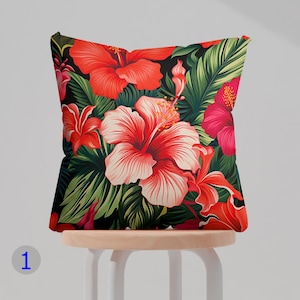 Tropical Hibiscus Flower Pillow Cover, Bold Red Floral Cushion Case, Exotic Flower Decorative Cushion Covers, Tropical Island Pillow Covers