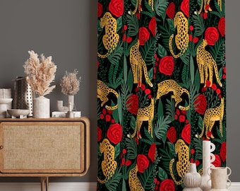 Leopard & Roses Curtains, Tropical Floral Drapes, Wild Animal Print Curtain Panels, Jungle Vibes Window Drapes, Safari Chic Window Curtains