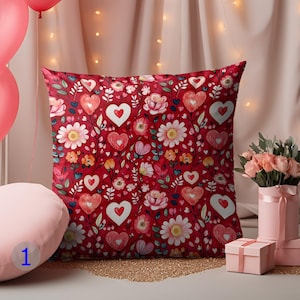 Capa de almofada de coração rosa e flor, capa de almofada com estampa de carta de amor e coração, capas de almofada de coração floral vermelho, fronhas de almofada de coração de balão