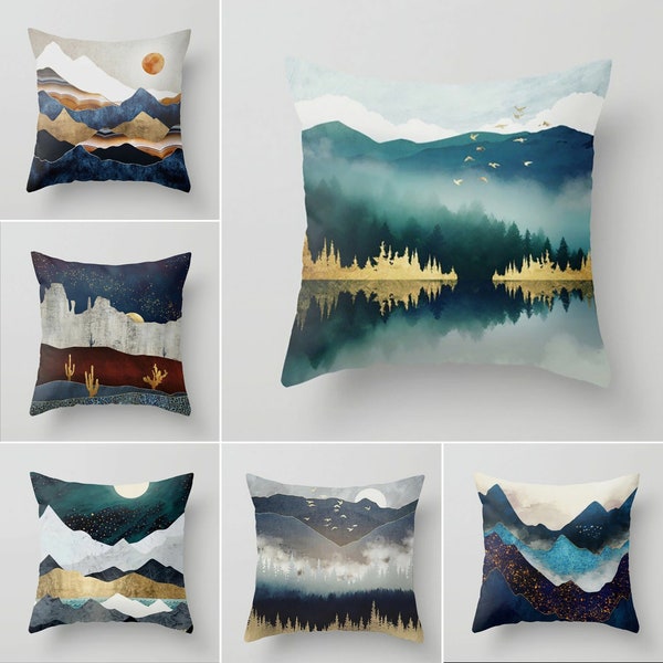 Couverture d'oreiller de montagne, taie d'oreiller de paysage abstrait, couverture d'oreiller de lune et de lac, oreiller de jet de montagne, oreiller de cabine, cadeaux de loge