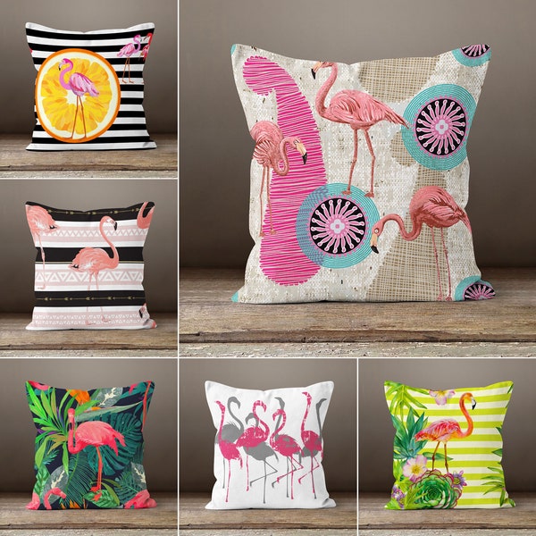 FlamingoTropical Palm Decorative Throw Pillow Case, Home Sofa Chair Decor, Farmhouse Authentic Flamingo Pillow Cases , Oreiller de pendaison de crémaillère