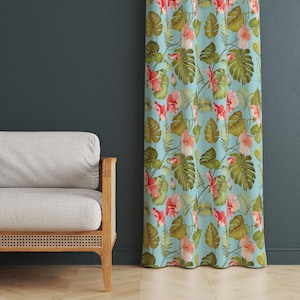 Aqua Tropical Hibiscus Print Curtain, Monstera & Palm Leaf Drapes, Coral and Blush Flowers, Dense Repeat Window Panel, Coastal Decor Curtain