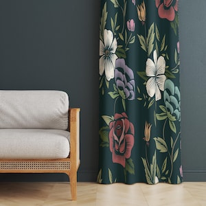 Dark Floral Curtain Panels, Colorful Flowers Window Treatment, Floral Print Curtain, Dark Green Curtain, Botanical Flower Window Curtain